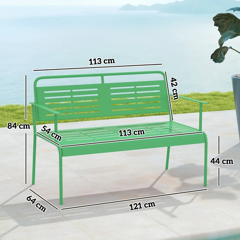 Outsunny Banc de jardin 2 places banc extérieur jardin en acier avec accoudoirs et dossier, pour balcon 121 x 64 x 84 cm, vert