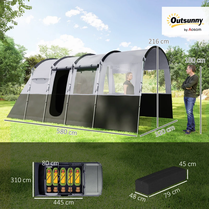 Outsunny 8-Person Camping Tent, 3000mm Waterproof Family Tent w/ Bedroom, Living Room, Porch and Sewn-in Groundsheet, Tunnel Design, 4 Large Windows, Top Hook, Portable with Carry Bag, Dark Grey