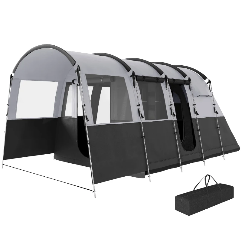 Outsunny 8-Person Camping Tent, 3000mm Waterproof Family Tent w/ Bedroom, Living Room, Porch and Sewn-in Groundsheet, Tunnel Design, 4 Large Windows, Top Hook, Portable with Carry Bag, Dark Grey