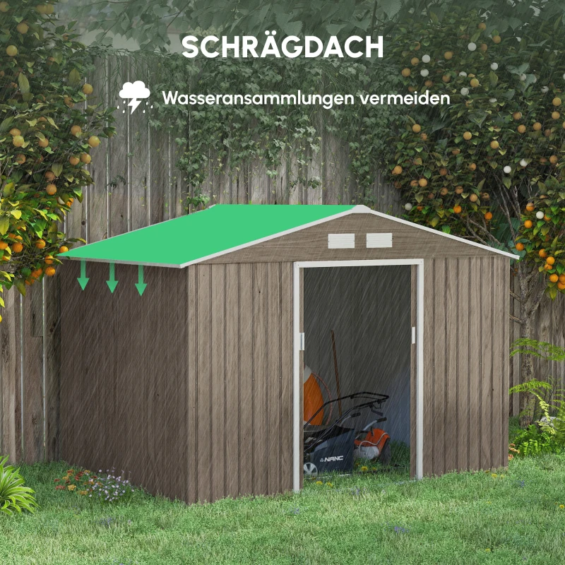 Outsunny Geräteschuppen, 2 Schiebetüren, 4 Fenster, wetterfest, Metallgehäuse, 2,7 x 1,9 x 1,9 m, Braun(m-6)