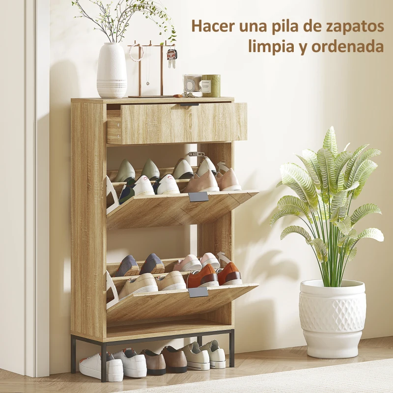 HOMCOM Zapatero Estrecho con 2 Puertas Cajón y Estantes Ajustables para 8 Pares de Zapatos 60x24x105,5 cm Roble