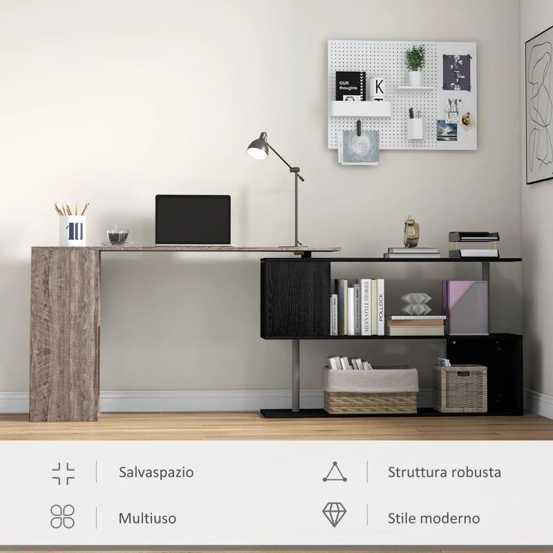 HOMCOM Scrivania Angolare Salvaspazio con Ripiano a S, in Legno, 140x120x78 cm, Grigio effetto Legno