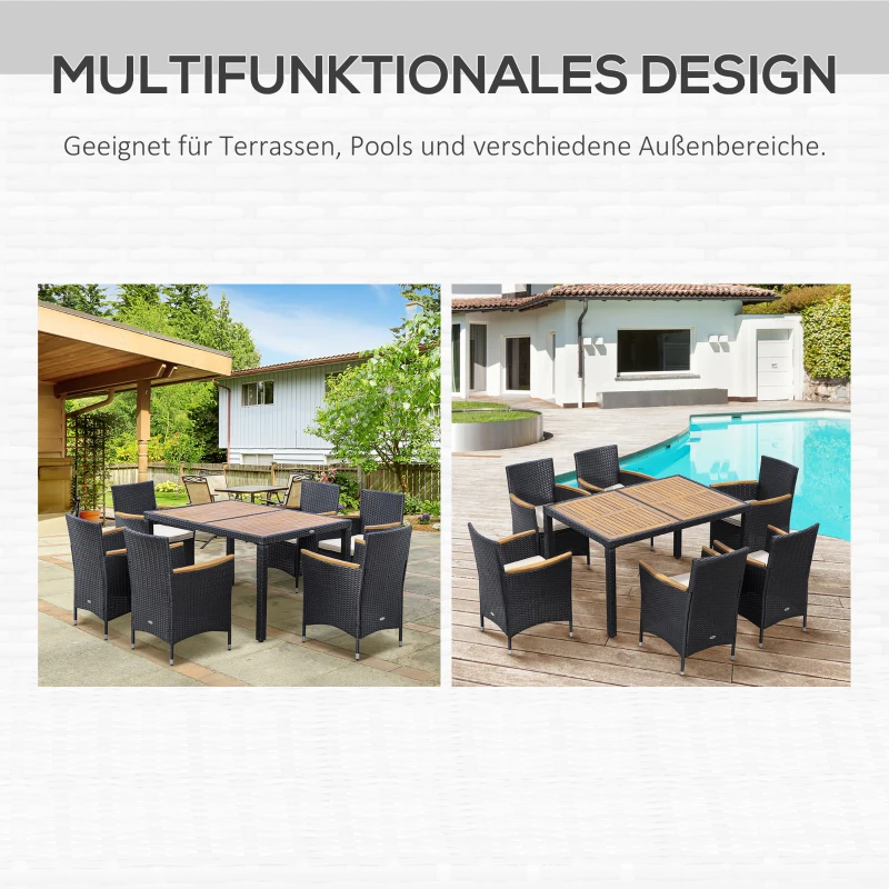 Outsunny Gartenmöbel-Set 6 Personen großer rechteckiger Esstisch + 6 Stühle & waschbare Kissen aus Stahl, PE-Rattan, Akazienholz Schwarz und Beige