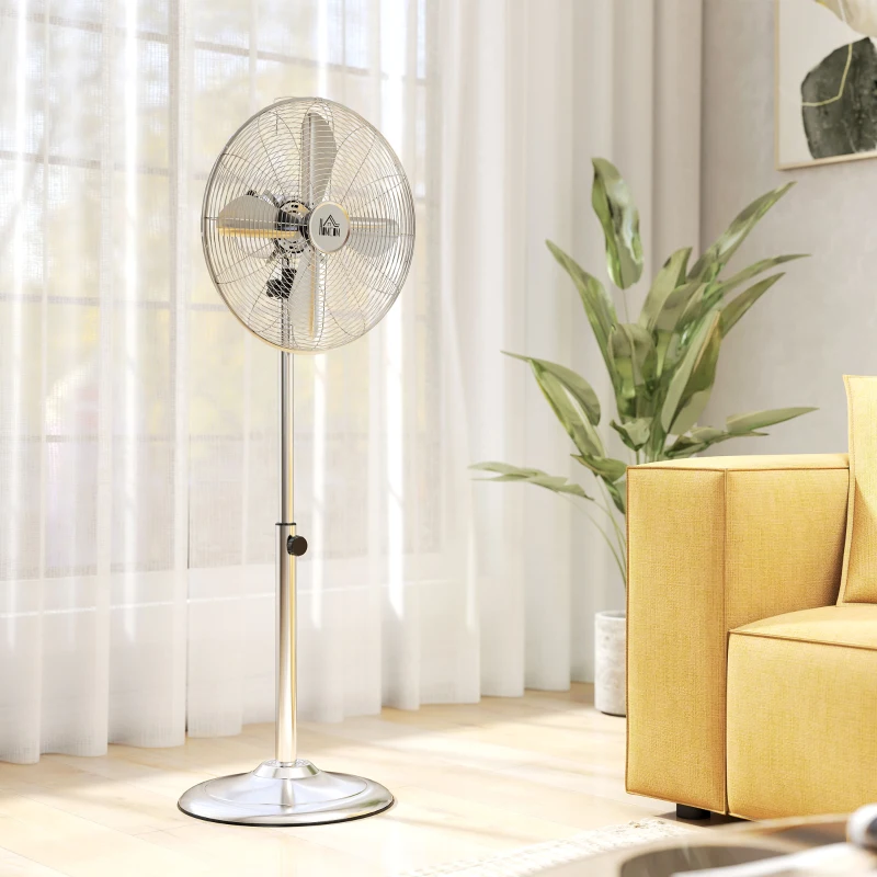 HOMCOM 120 cm Standventilator, Ventilator, Höhenverstellbarer Lüfter, 3 Geschwindigkeitsstufen, Verstellbarer Neigungswinkel, Stahl, Silber