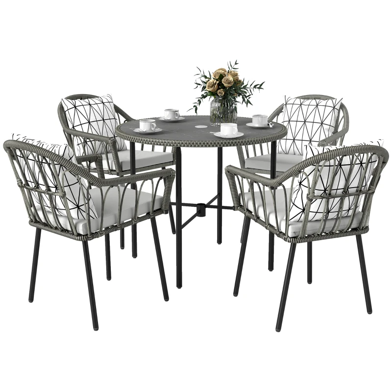 Outsunny 5 Piece Patio Rattan Dining Set, Wicker Garden Table and Chairs w/ Removable Seat & Back Cushions, Round Tempered Glass Tabletop, Parasol Hole, Outdoor Furniture Conservatory Set, Grey