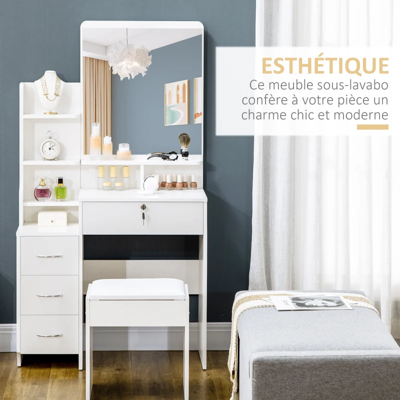 HOMCOM Ensemble de coiffeuse avec tabouret rembourré grand miroir + plusieurs étagères ouvertes + 4 tiroirs blanc