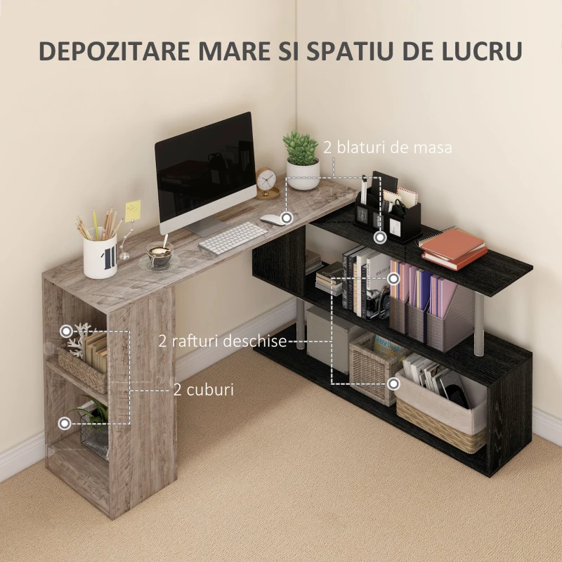 HOMCOM Birou de Colț cu Raft în Formă de S, Birou Modern din Lemn, 140x120x78 cm, Gri