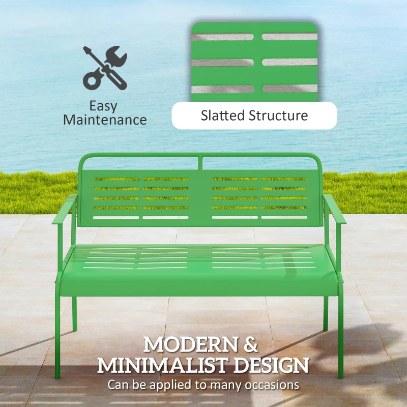 Outsunny Banc de jardin 2 places banc extérieur jardin en acier avec accoudoirs et dossier, pour balcon 121 x 64 x 84 cm, vert