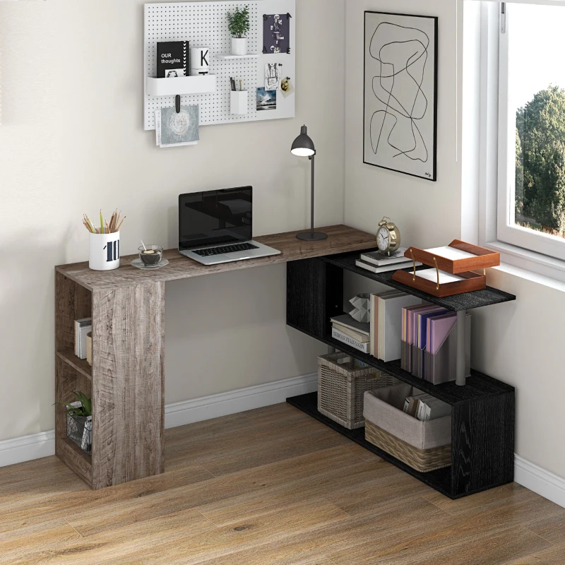 HOMCOM Scrivania Angolare Salvaspazio con Ripiano a S, in Legno, 140x120x78 cm, Grigio effetto Legno