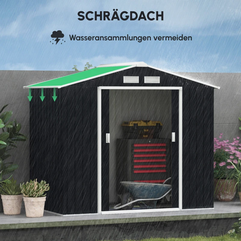 Outsunny Geräteschuppen mit Schiebetüren 2,13 x 1,30 x 1,85cm Metall Kohlegrau
