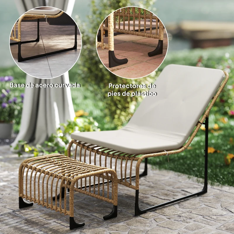 Outsunny Sillón de Exterior con Reposapiés, Cojín Acolchado y Estructura de Acero con Ratán Sintético Duradero 93x65x80 cm Beige