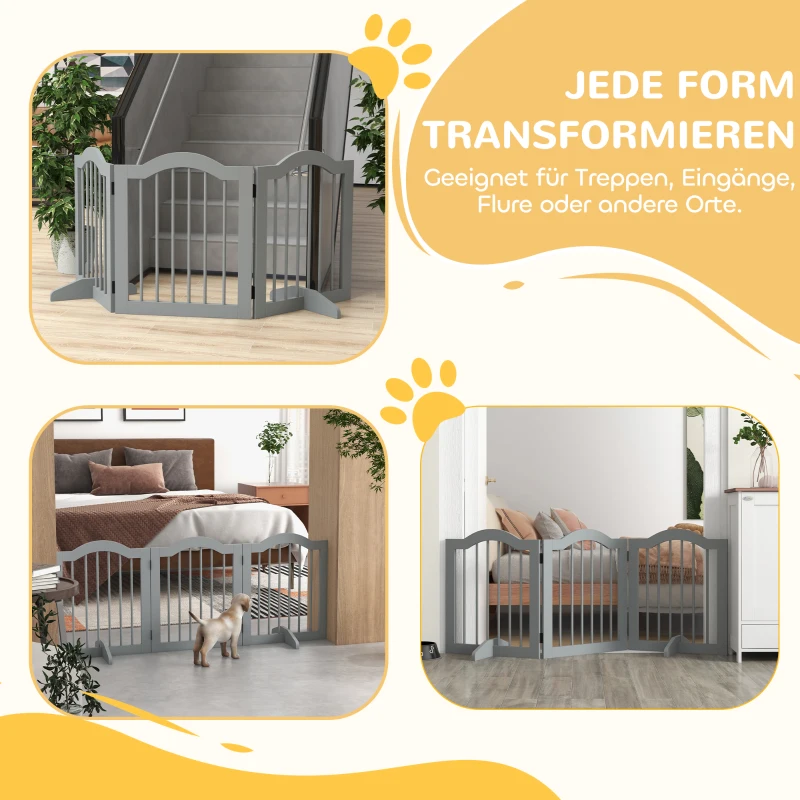 PawHut Absperrgitter Hund 3-teilig, 154,5 x 61 cm Faltbar Hundegitter mit Tür, 2 Stützfüßen Hellgrau(m-8)