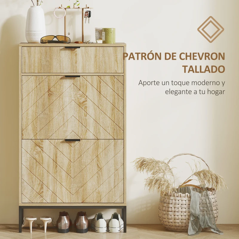 HOMCOM Zapatero Estrecho con 2 Puertas Cajón y Estantes Ajustables para 8 Pares de Zapatos 60x24x105,5 cm Roble