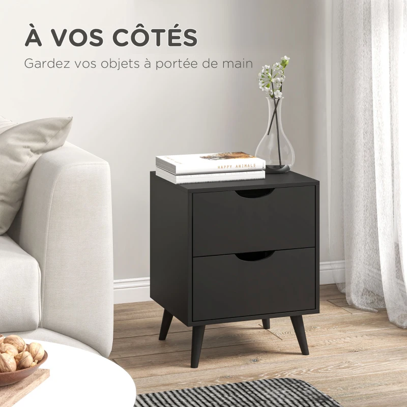HOMCOM Table de chevet table de nuit avec 2 tiroirs, style scandinave pour chambre à coucher, salon, 40 x 35 x 50,5 cm, Noir