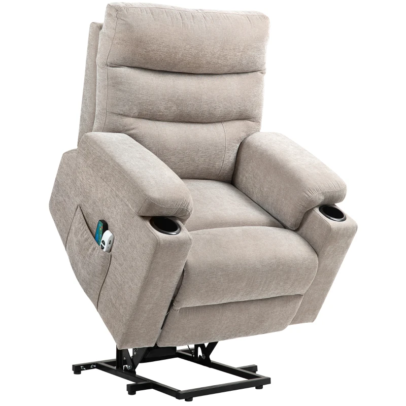 HOMCOM Massagesessel mit Aufstehfunktion, 8 Vibrationsmassagepunkte, Elektrischer Polstersessel mit 2 Fernbedienungen Hellbraun(m-10)