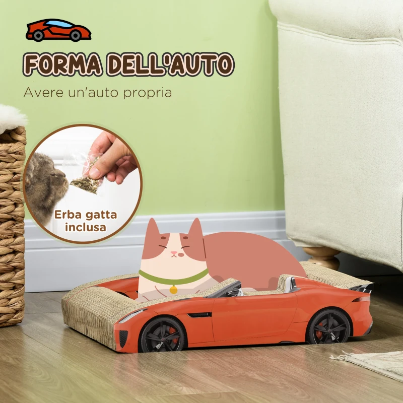 PawHut Cuccia per Gatti Tiragraffi a forma di Auto con Trattamento ad Erba Gatta, in Cartone Ondulato, 50x30x12.5 cm, Rosso