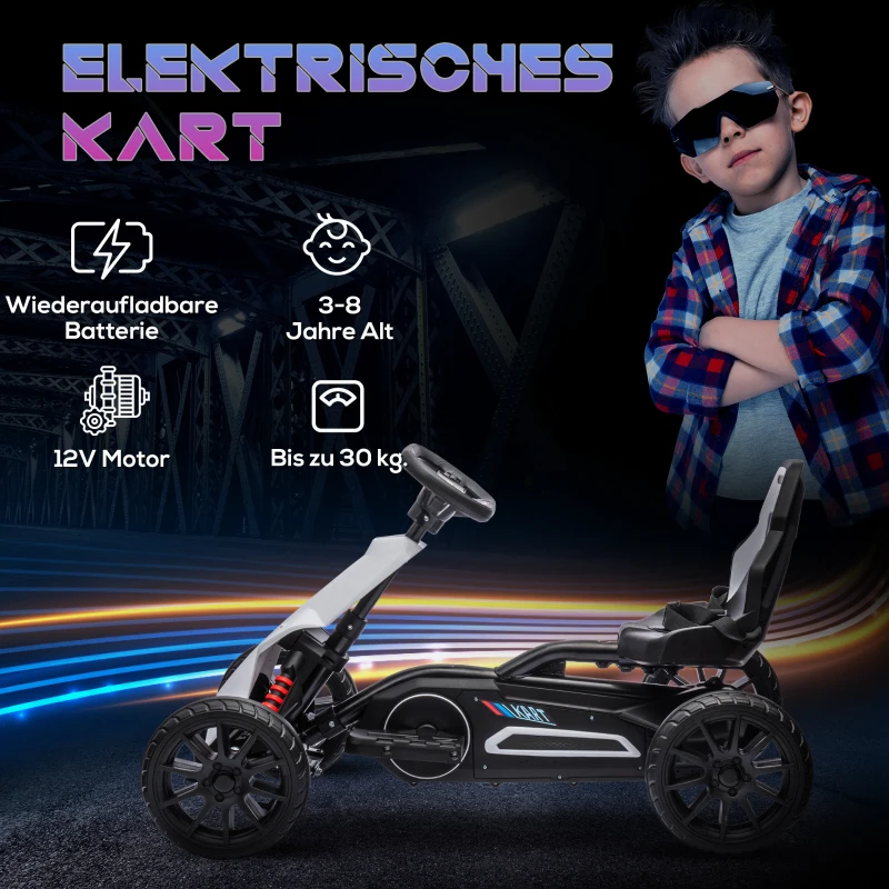 HOMCOM Go-Kart für Kinder, Elektro-Kart, bis 5 km/h, Sicherheitsgurt, Sitz mit Rückenlehne, Kunststoff, Metall, Weiß(m-4)