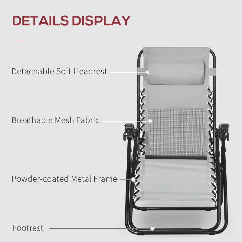 Outsunny Garden Recliner Chairs Set of 2, Outdoor Foldable Zero Gravity Chairs Set w/ Footstool and Detachable Headrest, Grey