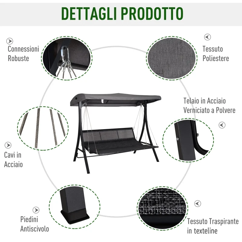 Outsunny Dondolo da Giardino 3 Posti con Tettuccio Parasole Regolabile e 3 Cuscini, Dondolo da Esterno con Seduta Traspirante in Texteline e Metallo, Portata Fino a 270 kg, 198x118x168 cm, Grigio