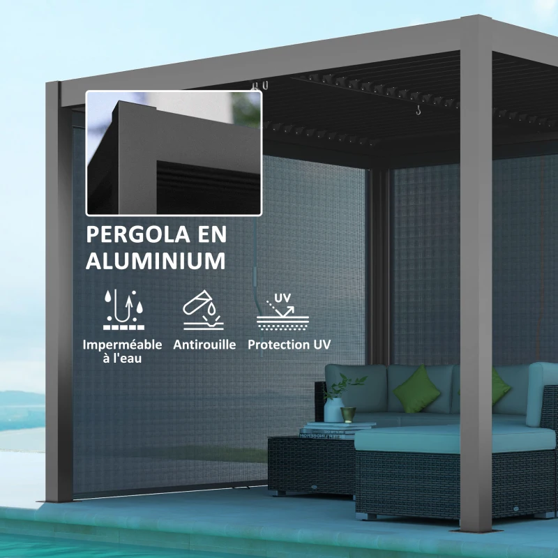Outsunny Pergola bioclimatique extérieur en aluminium 3 x 3 m avec rideaux, système de drainage caché, gris