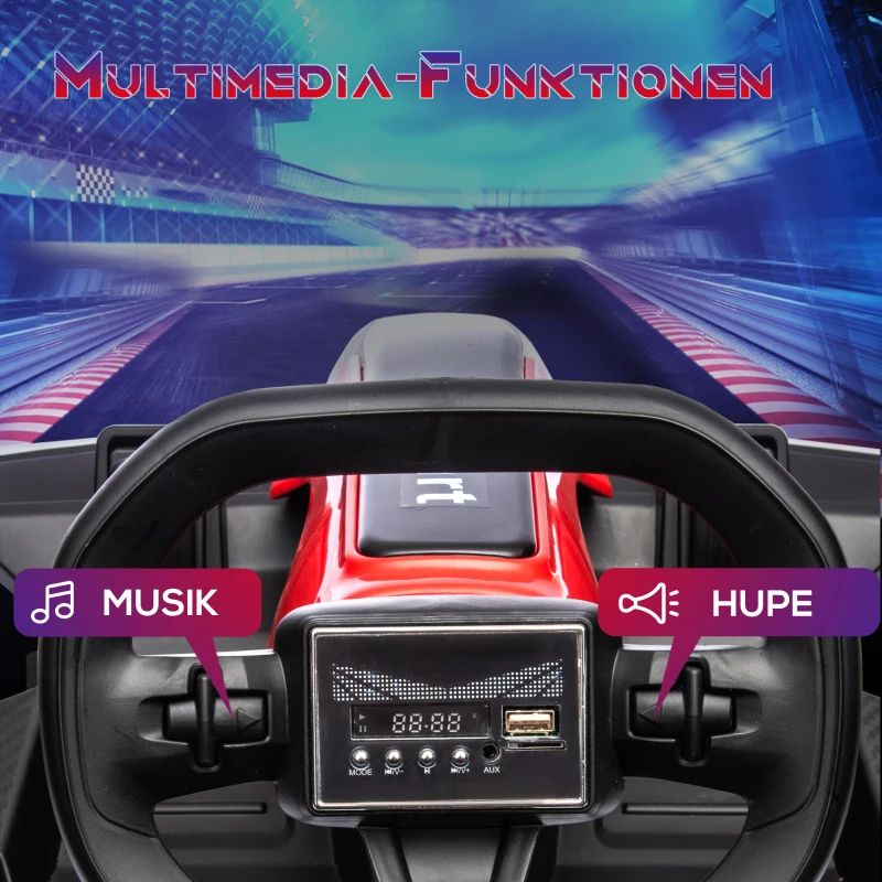 HOMCOM Go-Kart für Kinder, Elektro-Kart mit Hupe und Musikfunktion, verstellbarer Sitz, bis 12 km/h, Kunststoff, Metall, Rot(m-5)