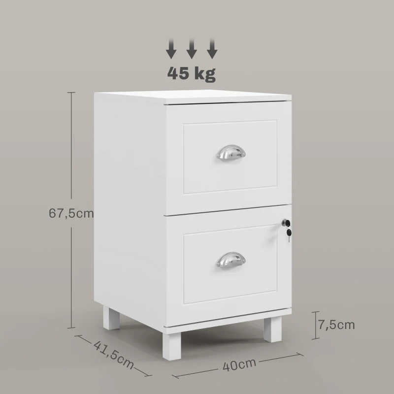 HOMCOM Archivador con Cerradura y 2 Cajones Barras Ajustables para Carpetas A4 y Carta Diseño Compacto 40x41,5x67,5 cm Blanco