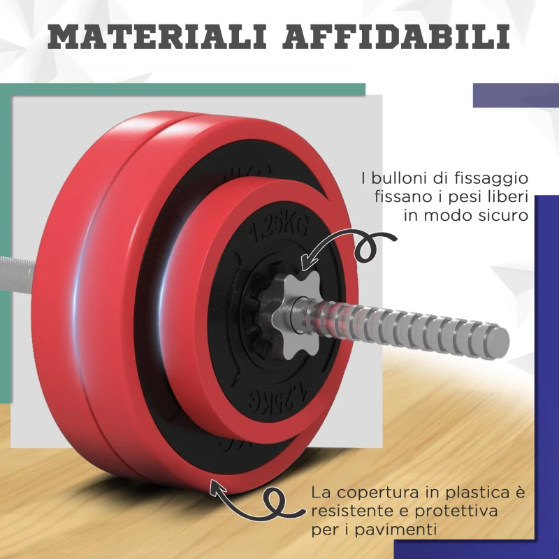 SPORTNOW Set Bilanciere e Dischi da 30 kg totali con 6 Pesi e 2 Dadi, in Metallo, PU e Sabbia, 170x26x26 cm, Rosso