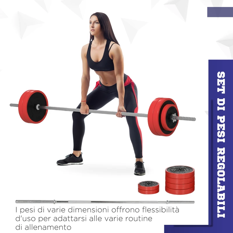 SPORTNOW Set Bilanciere e Dischi da 30 kg totali con 6 Pesi e 2 Dadi, in Metallo, PU e Sabbia, 170x26x26 cm, Rosso