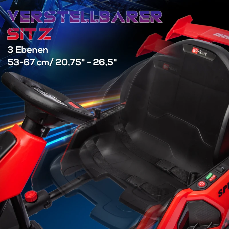 HOMCOM Go-Kart für Kinder, Elektro-Kart mit Hupe und Musikfunktion, verstellbarer Sitz, bis 12 km/h, Kunststoff, Metall, Rot(m-6)