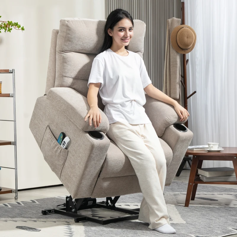 HOMCOM Massagesessel mit Aufstehfunktion, 8 Vibrationsmassagepunkte, Elektrischer Polstersessel mit 2 Fernbedienungen Hellbraun(m-2)