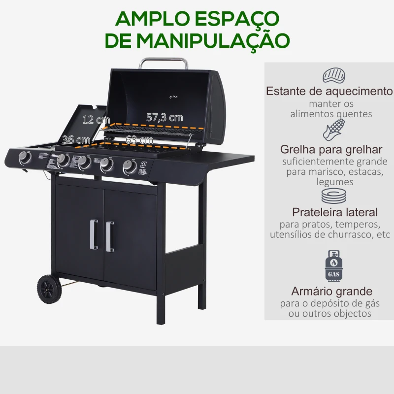 Outsunny Barbecue a Gás com 4+1 Queimadores 14,4KW Mesas Laterais Armário de Armazenamento Termômetro e 2 Rodas Aço Inoxidável 125x51x100cm Preto