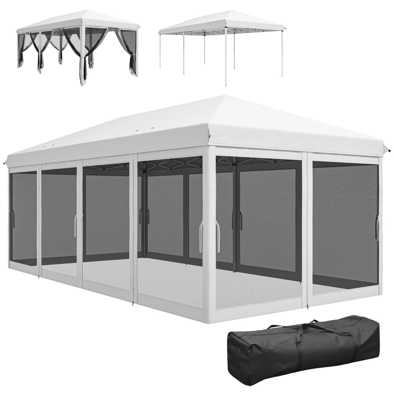 Outsunny Tenda Dobrável 585x295x270 cm Tenda de Jardim com 6 Mosquiteiros Bolsa de Transporte e Estrutura de Aço Cinza