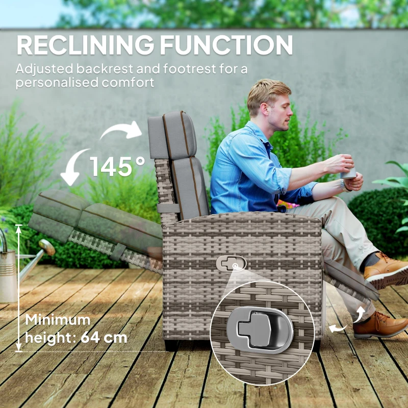 Outsunny 145° Reclining Rattan Armchair, with Footrest - Mixed Grey/Grey