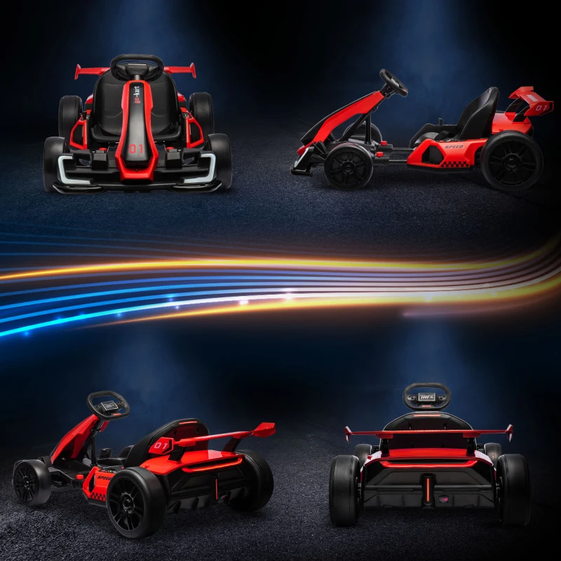 HOMCOM Go-Kart für Kinder, Elektro-Kart mit Hupe und Musikfunktion, verstellbarer Sitz, bis 12 km/h, Kunststoff, Metall, Rot(m-8)