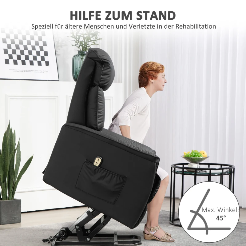 HOMCOM Elektrischer Aufstehsessel, Fernsehsessel, Sessel mit Aufstehhilfe, Liegefunktion, Kunstleder, 80 x 94 x 104 cm, Schwarz(m-5)