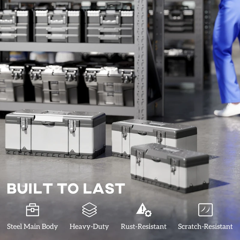 HOMCOM 3 Pieces Stainless Steel Toolbox Set, 23"/ 19"/ 16"