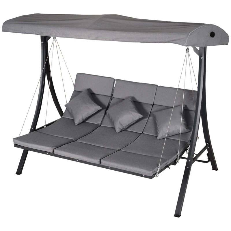 Outsunny Dondolo da Giardino 3 Posti con Tettuccio Parasole Regolabile e 3 Cuscini, Dondolo da Esterno con Seduta Traspirante in Texteline e Metallo, Portata Fino a 270 kg, 198x118x168 cm, Grigio