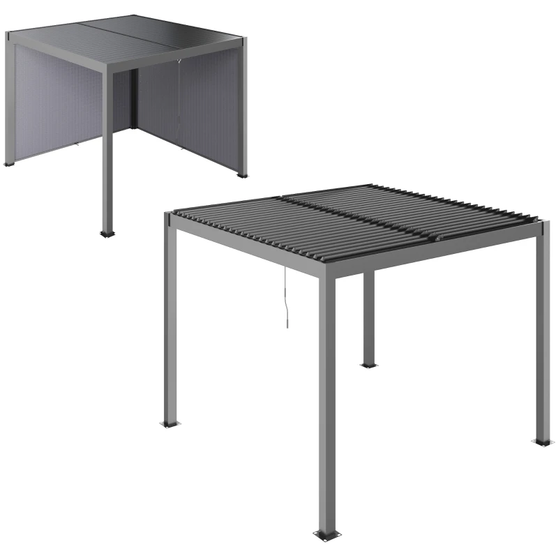 Outsunny Pergola bioclimatique extérieur en aluminium 3 x 3 m avec rideaux, système de drainage caché, gris
