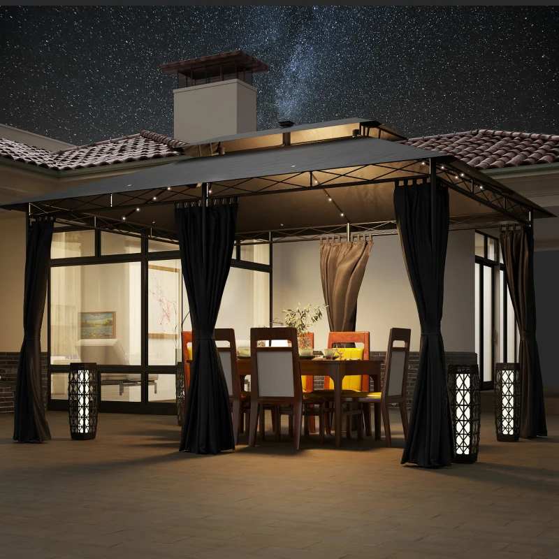 Outsunny Tonnelle de jardin extérieur barnum 3 x 4 m avec moustiquaire et lumières LED solaire, double toit, gris