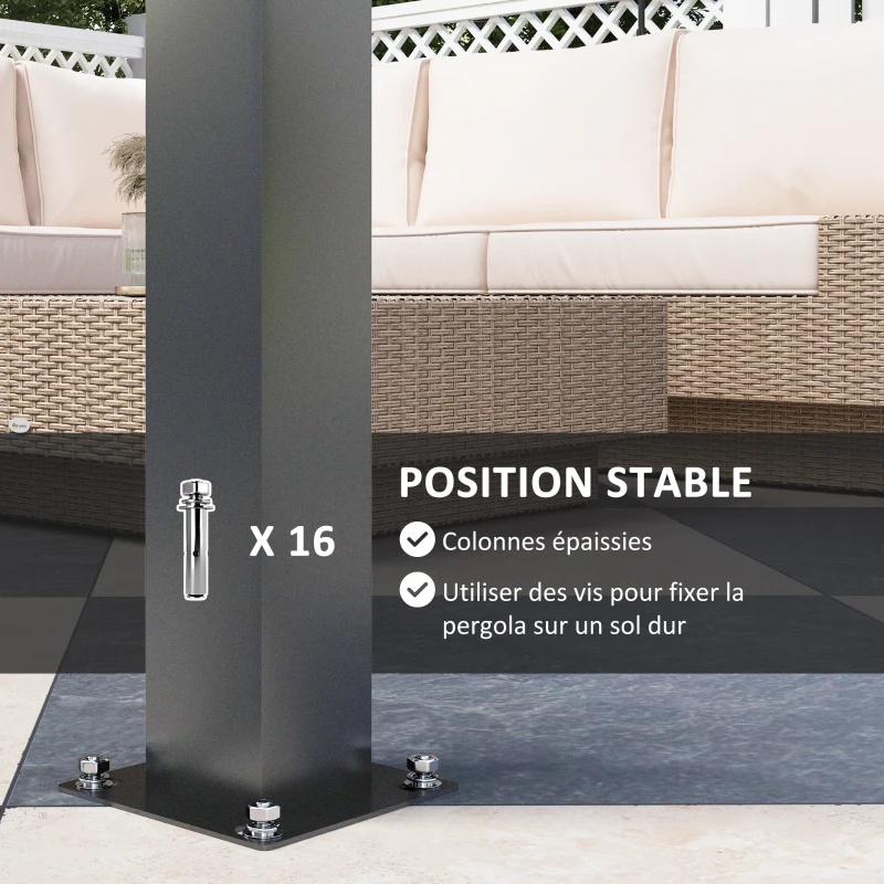 Outsunny Pergola bioclimatique extérieur en aluminium 3 x 3 m avec rideaux, système de drainage caché, gris