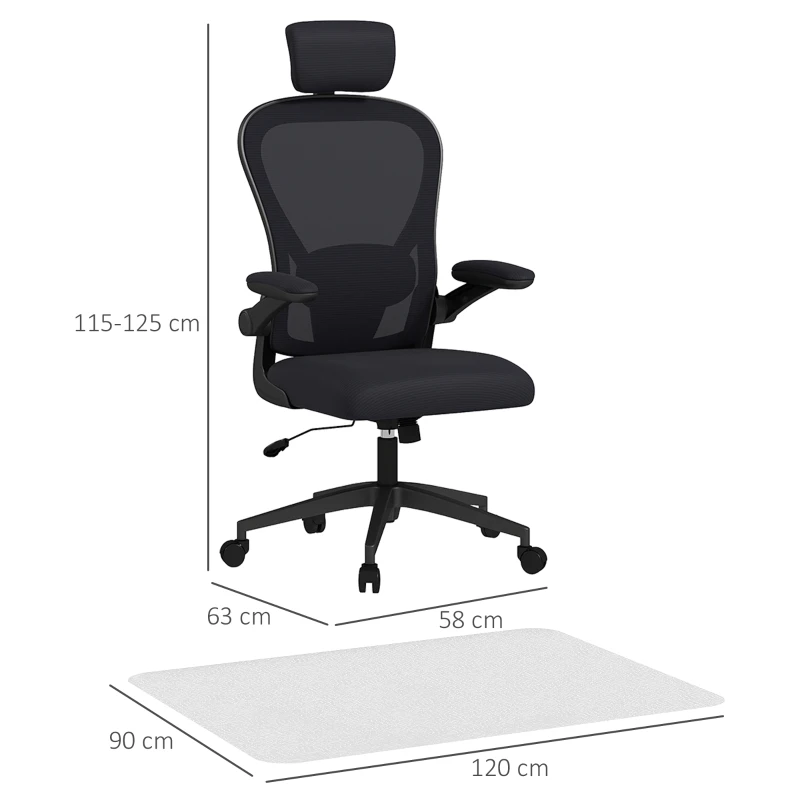 HOMCOM Conjunto de Oficina Incluye 1 Silla de Oficina de Malla Negro y 1 Alfombra Protectora 90x120 cm