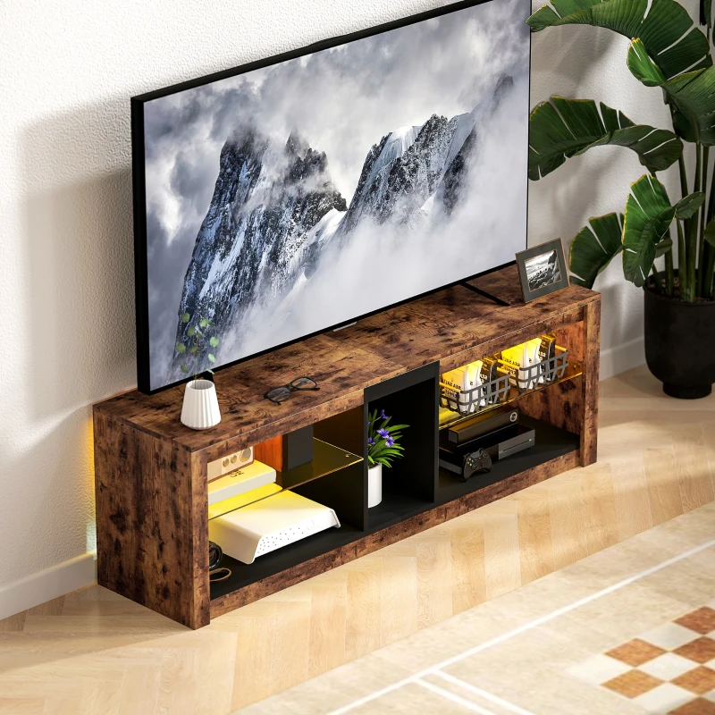 HOMCOM Meuble TV avec lumières LED et télécommande, étagères et compartiments ouvert, 140x35x47cm, marron