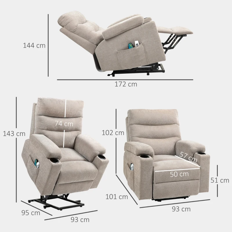 HOMCOM Massagesessel mit Aufstehfunktion, 8 Vibrationsmassagepunkte, Elektrischer Polstersessel mit 2 Fernbedienungen Hellbraun(m-3)