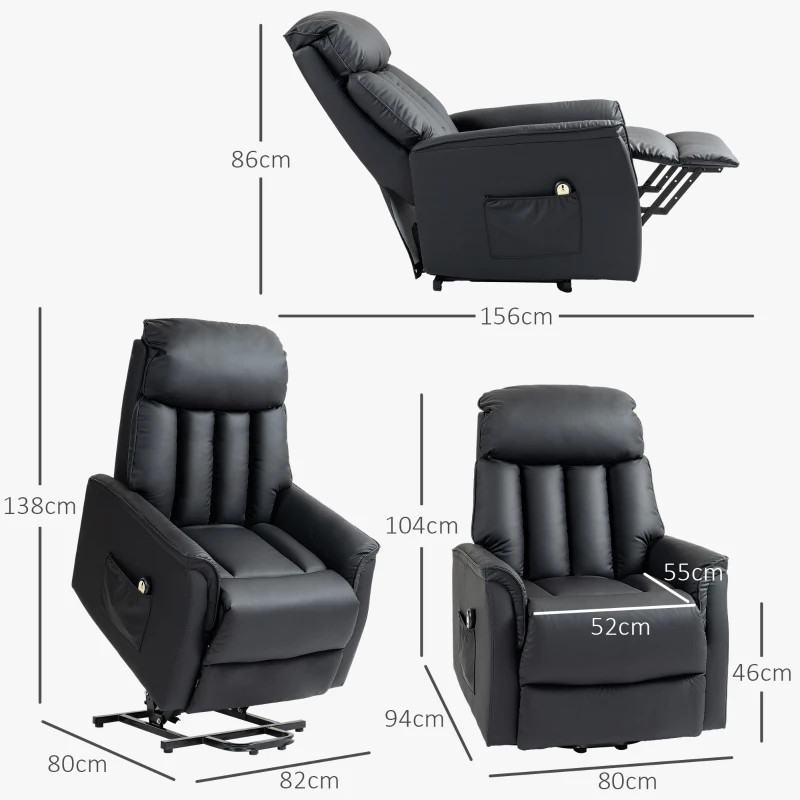 HOMCOM Elektrischer Aufstehsessel, Fernsehsessel, Sessel mit Aufstehhilfe, Liegefunktion, Kunstleder, 80 x 94 x 104 cm, Schwarz(m-3)