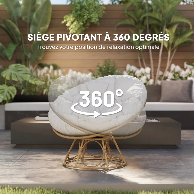 Outsunny Fauteuil papasan en résine effet rotin pivotant à 360° avec coussin rembourré Ø 100 cm, gris clair