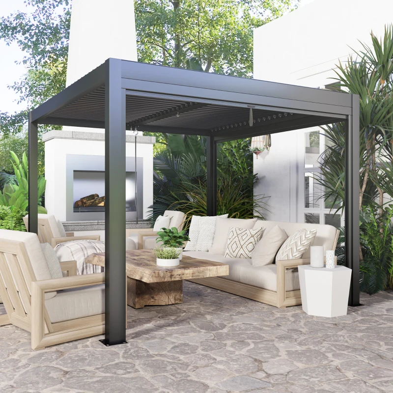 Outsunny Pergola bioclimatique extérieur en aluminium 3 x 3 m avec rideaux, système de drainage caché, gris