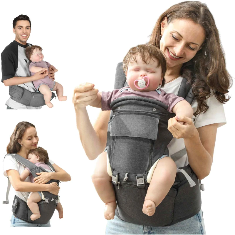 AIYAPLAY Mochila Portabebés de Recién Nacido hasta 36 Meses con Asiento Extraíble Cinturón Ajustable y Bolsillo Carga 15 kg Gris