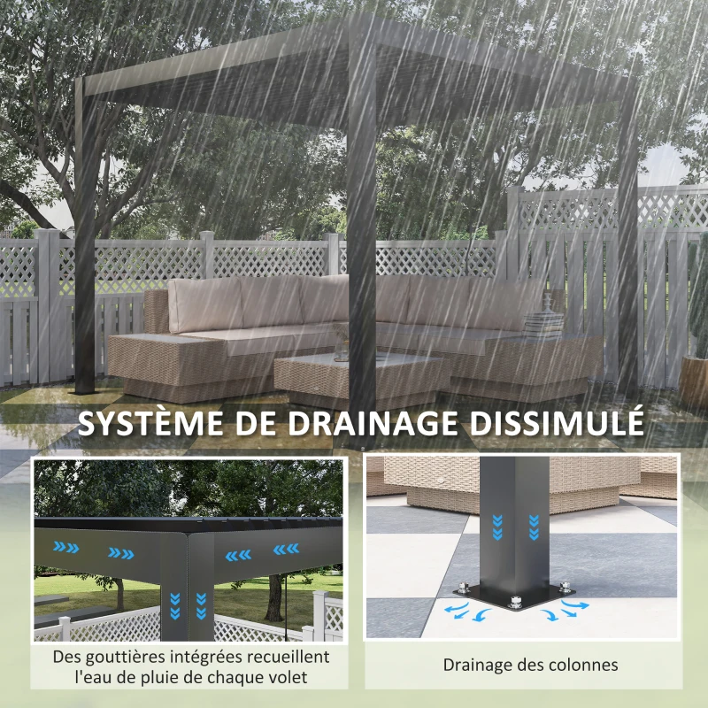 Outsunny Pergola bioclimatique extérieur en aluminium 3 x 3 m avec rideaux, système de drainage caché, gris