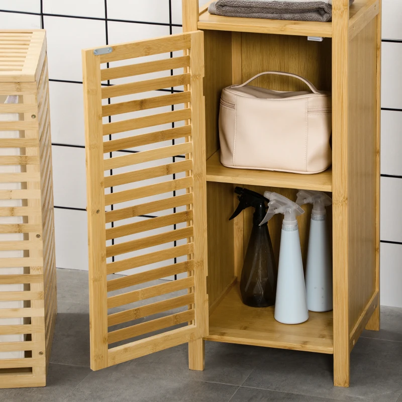 kleankin Meuble colonne salle de bain en bambou 2 étagères ouvertes et placard, 32,9 x 29,9 x 120 cm, bois naturel
