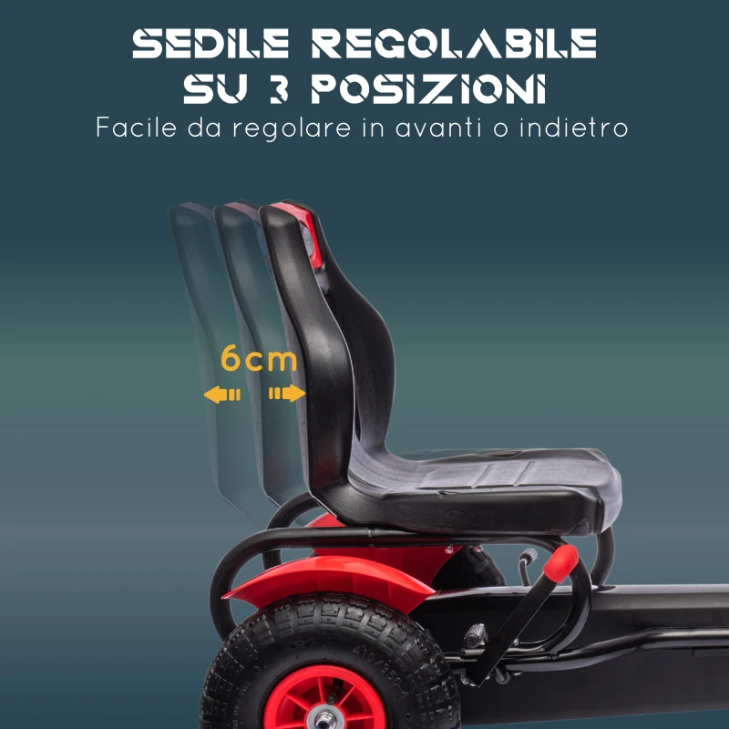 HOMCOM Go Kart a Pedali per Bambini 5-12 Anni con Sedile Regolabile e Freno a Mano, 121x58x61 cm, Rosso